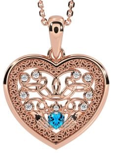 Diamond Topaz Rose Gold Celtic Claddagh Trinity Knot Heart Necklace