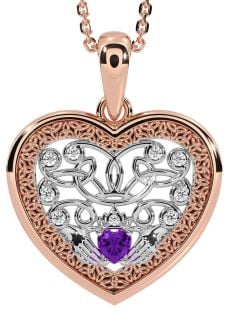 Diamond Amethyst White Rose Gold Celtic Claddagh Trinity Knot Heart Necklace