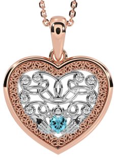 Diamond Aquamarine White Rose Gold Celtic Claddagh Trinity Knot Heart Necklace