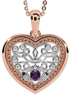 Diamond Alexandrite White Rose Gold Celtic Claddagh Trinity Knot Heart Necklace