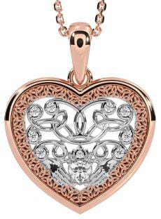 Diamond White Rose Gold Celtic Claddagh Trinity Knot Heart Necklace