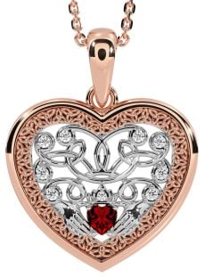 Diamond Garnet White Rose Gold Celtic Claddagh Trinity Knot Heart Necklace