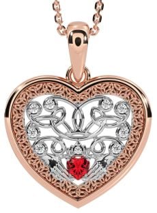 Diamond Ruby White Rose Gold Celtic Claddagh Trinity Knot Heart Necklace