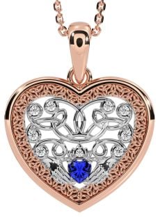 Diamond Sapphire White Rose Gold Celtic Claddagh Trinity Knot Heart Necklace