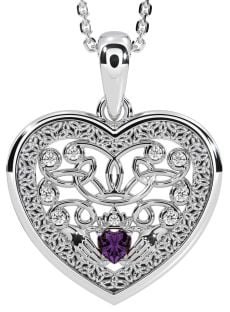 Diamond Alexandrite Silver Celtic Claddagh Trinity Knot Heart Necklace