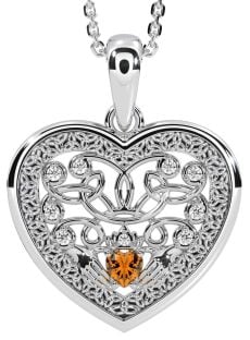 Diamond Citrine Silver Celtic Claddagh Trinity Knot Heart Necklace