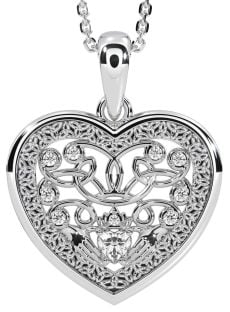 Diamond Silver Celtic Claddagh Trinity Knot Heart Necklace