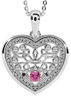 Diamond Pink Tourmaline Silver Celtic Claddagh Trinity Knot Heart Necklace
