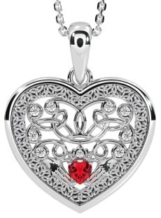 Diamond Ruby Silver Celtic Claddagh Trinity Knot Heart Necklace