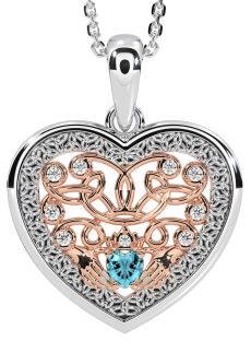 Diamond Aquamarine Rose Gold Silver Celtic Claddagh Trinity Knot Heart Necklace