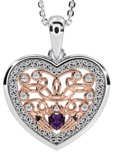 Diamond Alexandrite Rose Gold Silver Celtic Claddagh Trinity Knot Heart Necklace