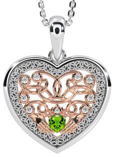 Diamond Peridot Rose Gold Silver Celtic Claddagh Trinity Knot Heart Necklace