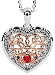 Diamond Ruby Rose Gold Silver Celtic Claddagh Trinity Knot Heart Necklace