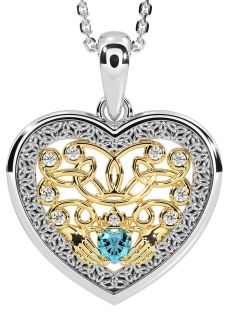 Diamond Aquamarine Gold Silver Celtic Claddagh Trinity Knot Heart Necklace