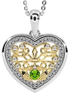 Diamond Peridot Gold Silver Celtic Claddagh Trinity Knot Heart Necklace