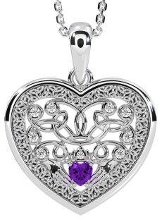 Diamond Amethyst White Gold Celtic Claddagh Trinity Knot Heart Necklace
