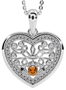 Diamond Citrine White Gold Celtic Claddagh Trinity Knot Heart Necklace