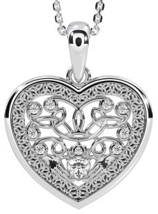 Diamond White Gold Celtic Claddagh Trinity Knot Heart Necklace