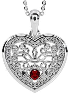 Diamond Garnet White Gold Celtic Claddagh Trinity Knot Heart Necklace