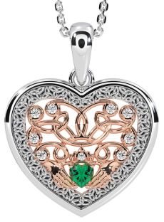 Diamond Emerald White Rose Gold Celtic Claddagh Trinity Knot Heart Necklace