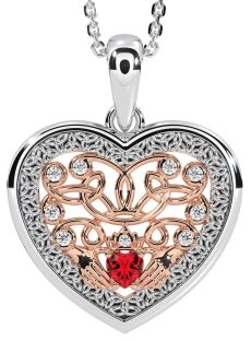 Diamond Ruby White Rose Gold Celtic Claddagh Trinity Knot Heart Necklace