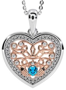 Diamond Topaz White Rose Gold Celtic Claddagh Trinity Knot Heart Necklace