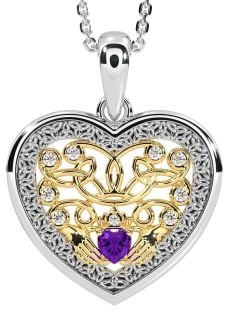 Diamond Amethyst White Yellow Gold Celtic Claddagh Trinity Knot Heart Necklace