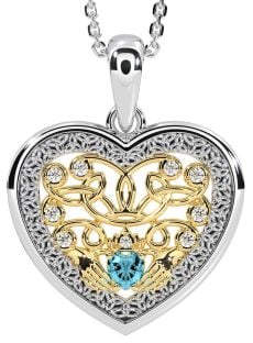 Diamond Aquamarine White Yellow Gold Celtic Claddagh Trinity Knot Heart Necklace