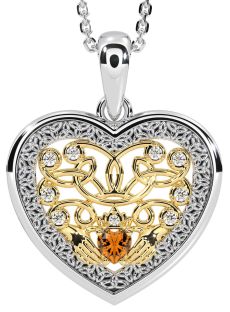 Diamond Citrine White Yellow Gold Celtic Claddagh Trinity Knot Heart Necklace