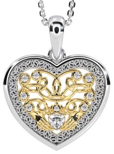 Diamond White Yellow Gold Celtic Claddagh Trinity Knot Heart Necklace