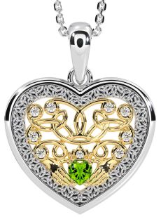 Diamond Peridot White Yellow Gold Celtic Claddagh Trinity Knot Heart Necklace