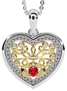 Diamond Ruby White Yellow Gold Celtic Claddagh Trinity Knot Heart Necklace