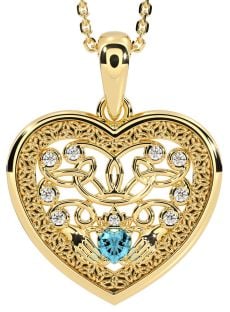 Diamond Aquamarine Gold Celtic Claddagh Trinity Knot Heart Necklace