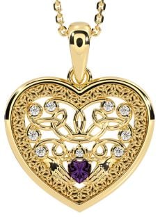 Diamond Alexandrite Gold Celtic Claddagh Trinity Knot Heart Necklace