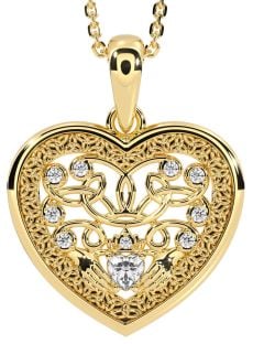Diamond Gold Celtic Claddagh Trinity Knot Heart Necklace