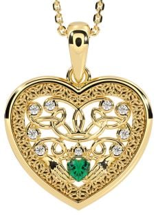 Diamond Emerald Gold Celtic Claddagh Trinity Knot Heart Necklace