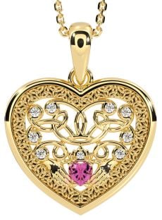 Diamond Pink Tourmaline Gold Celtic Claddagh Trinity Knot Heart Necklace