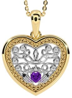 Diamond Amethyst White Yellow Gold Celtic Claddagh Trinity Knot Heart Necklace