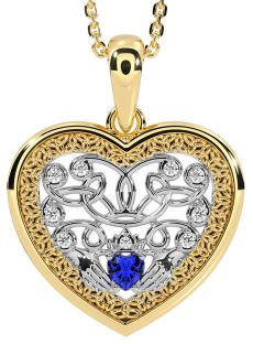 Diamond Sapphire White Yellow Gold Celtic Claddagh Trinity Knot Heart Necklace