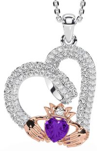 Diamond Amethyst Rose Gold Silver Claddagh Trinity knot Necklace