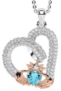 Diamond Aquamarine Rose Gold Silver Claddagh Trinity knot Necklace