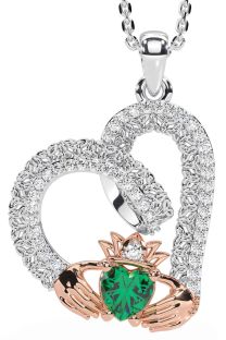 Diamond Emerald Rose Gold Silver Claddagh Trinity knot Necklace