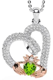 Diamond Peridot Rose Gold Silver Claddagh Trinity knot Necklace