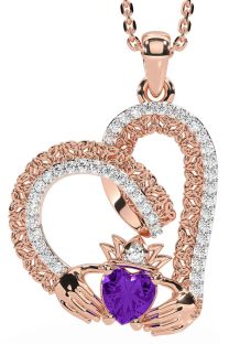 Diamond Amethyst Rose Gold Silver Claddagh Trinity knot Necklace