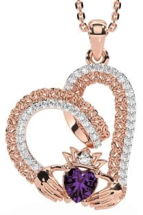 Diamond Alexandrite Rose Gold Silver Claddagh Trinity knot Necklace