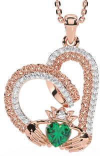 Diamond Emerald Rose Gold Silver Claddagh Trinity knot Necklace