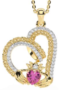 Diamond Pink Tourmaline Gold Silver Claddagh Trinity knot Necklace