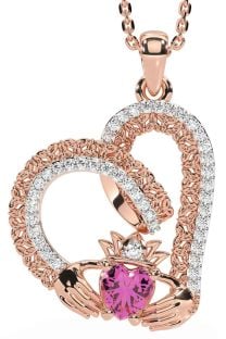 Diamond Pink Tourmaline Rose Gold Claddagh Trinity knot Necklace
