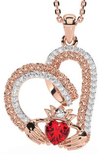 Diamond Ruby Rose Gold Claddagh Trinity knot Necklace