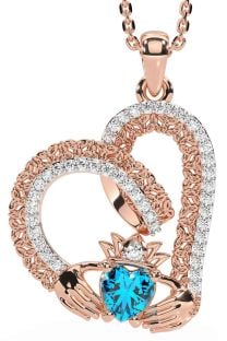 Diamond Topaz Rose Gold Claddagh Trinity knot Necklace
